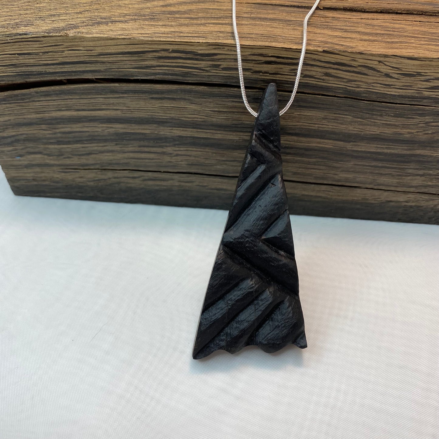 Irish Bog Oak Geometric Pattern Carved Necklace Gift - Handmade