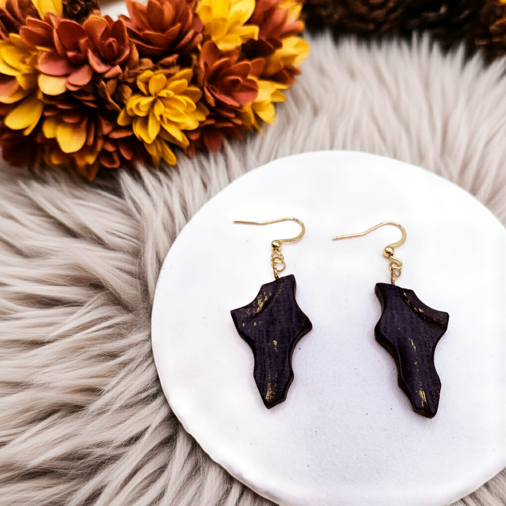 Natural Bog Oak Drop Earrings with Golden Touch