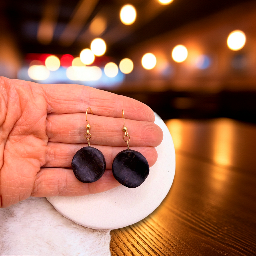 Irregular Round Bog Oak Earrings with Gold Plated Hooks