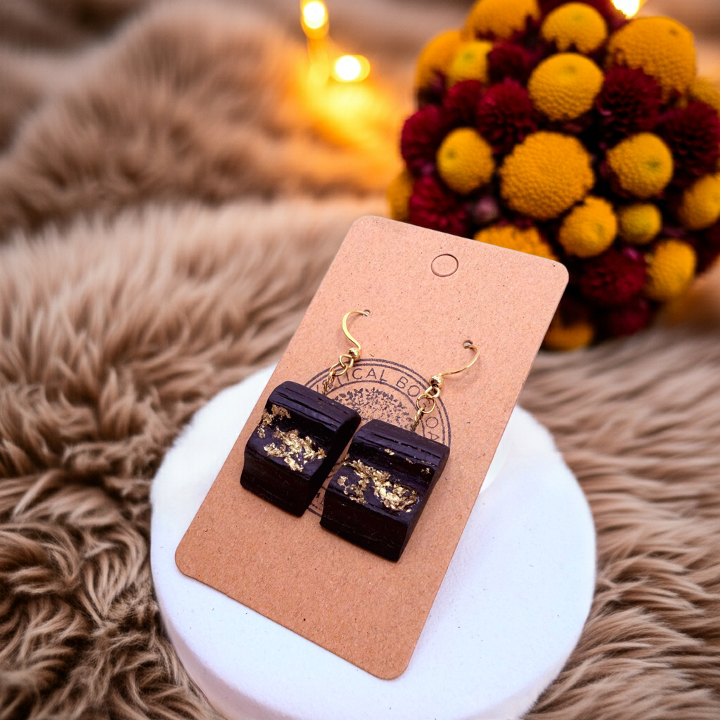 Gold Leaf Bog Oak Dangle Earrings – Handmade Design