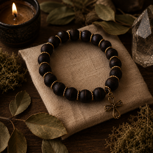 Black beaded bracelet with a cross charm on a textured surface with leaves and a candle in the background