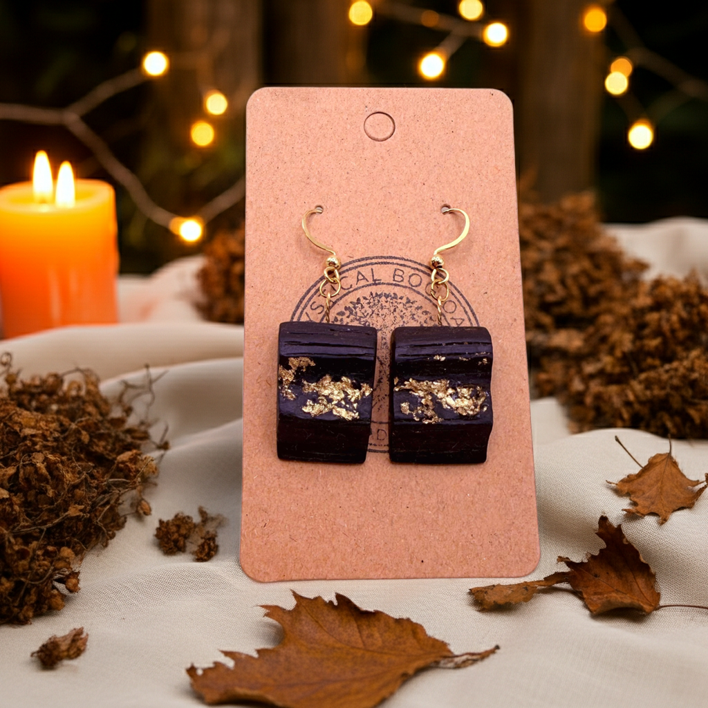 Gold Leaf Bog Oak Dangle Earrings – Handmade Design