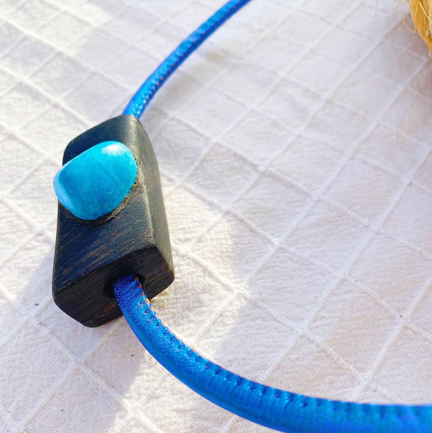 Irish Bog Oak Carved Pendant With Blue Howlite Crystal - Handmade