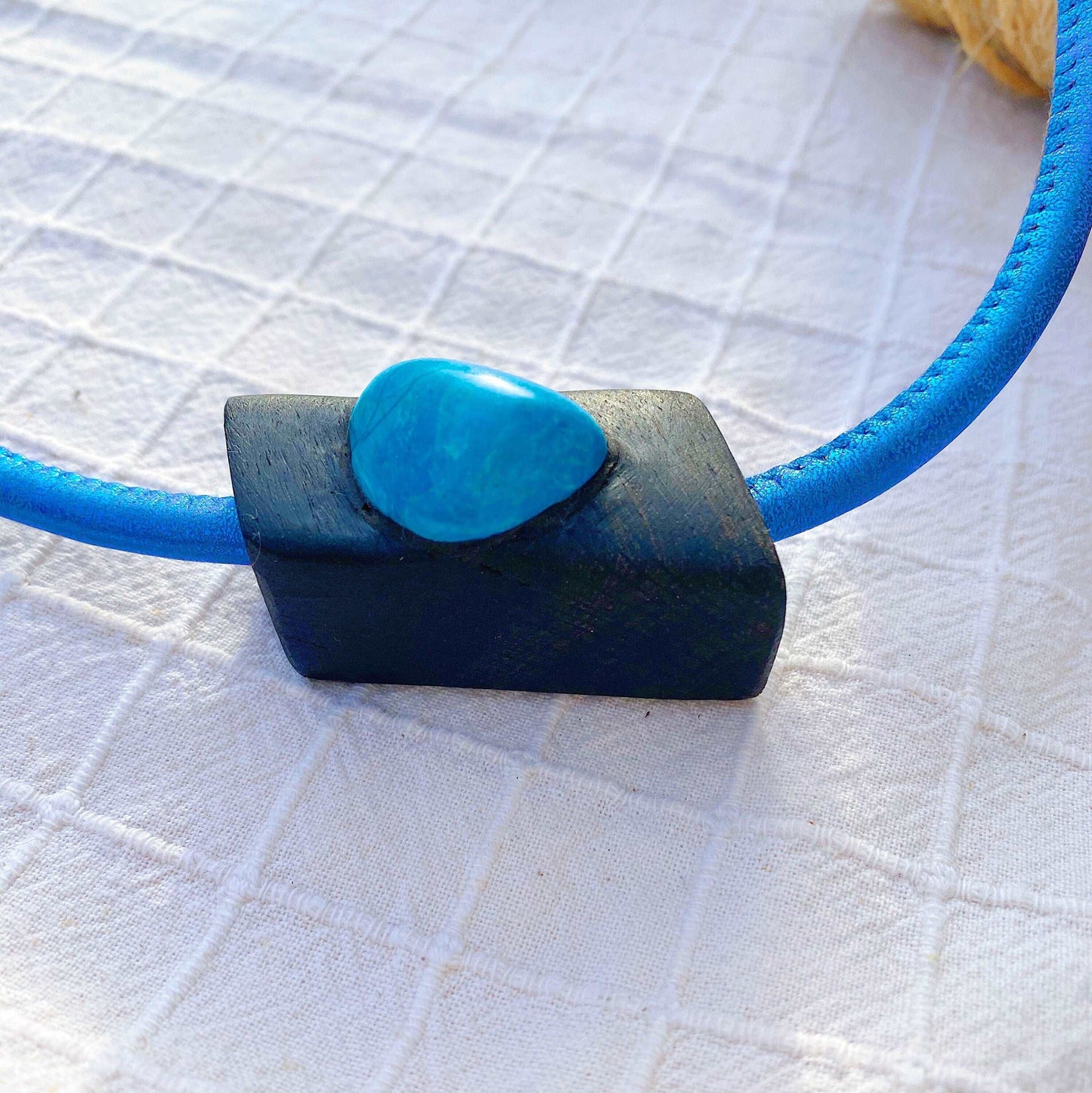 Irish Bog Oak Carved Pendant With Blue Howlite Crystal - Handmade