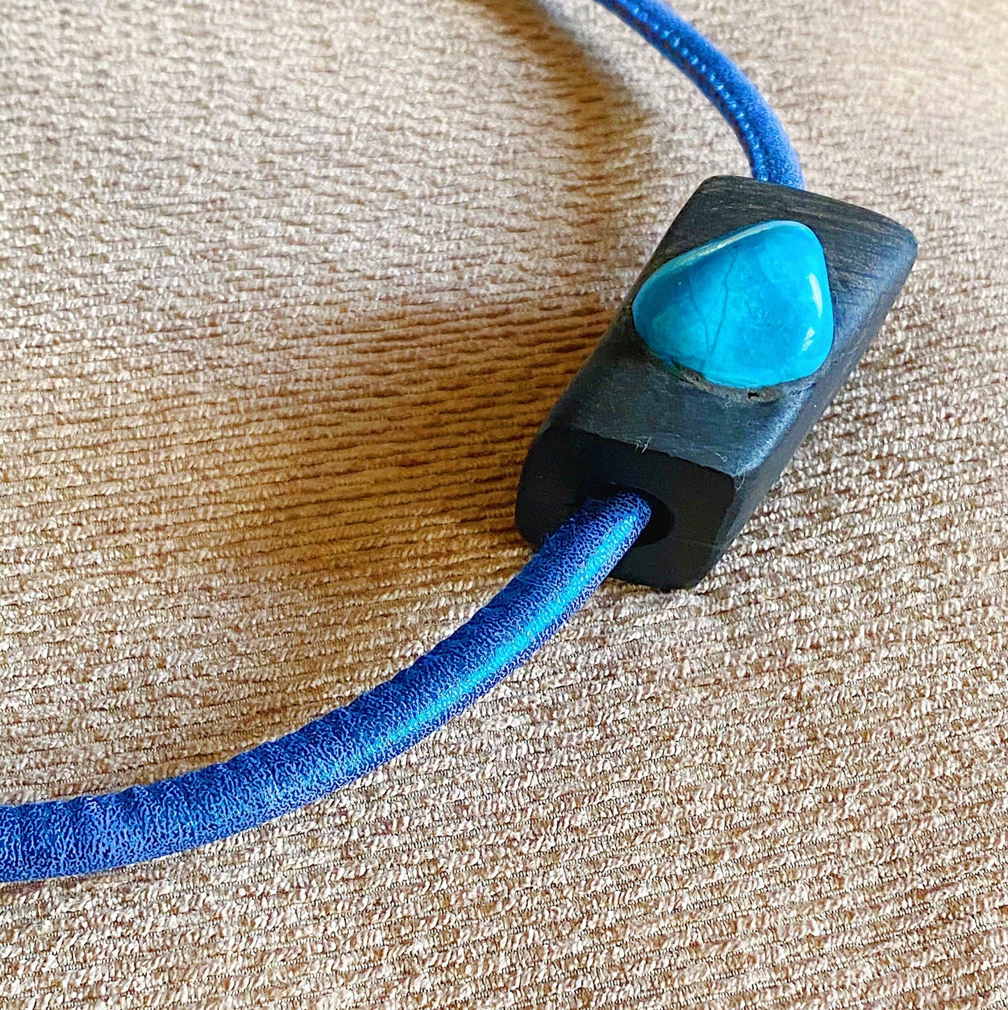 Irish Bog Oak Carved Pendant With Blue Howlite Crystal - Handmade