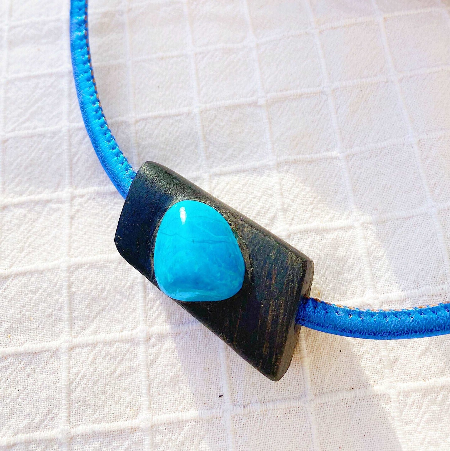 Irish Bog Oak Carved Pendant With Blue Howlite Crystal - Handmade
