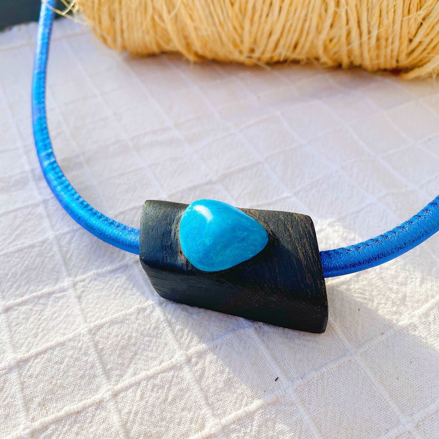 Irish Bog Oak Carved Pendant With Blue Howlite Crystal - Handmade