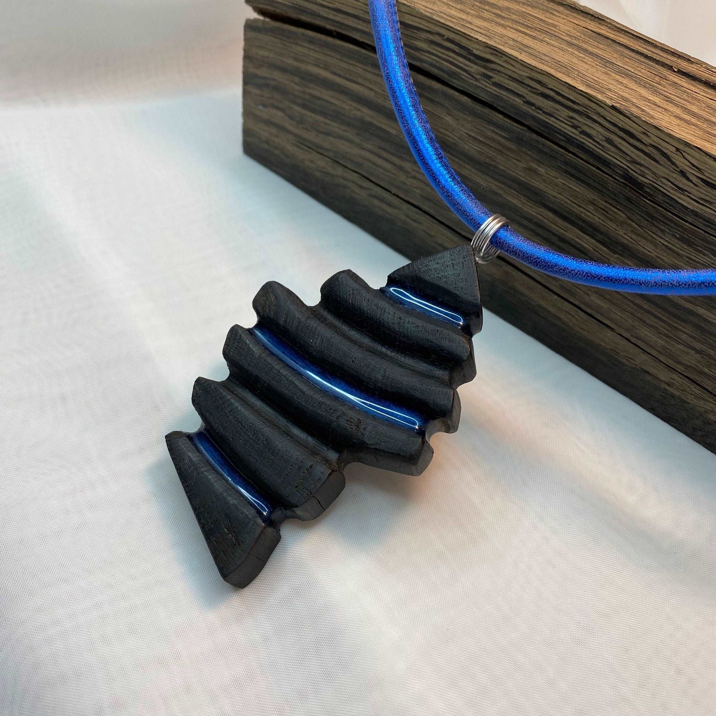 Irish Bog Oak Carved Necklace with Blue colour Resin Gift - Handmade