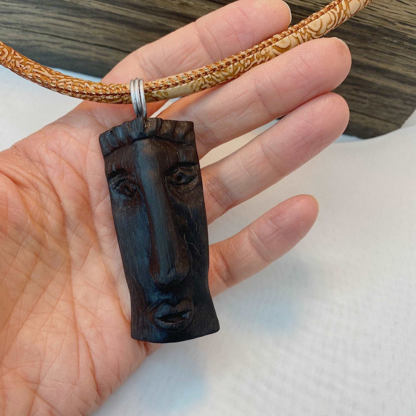Irish Bog Oak Carved Face (B) Necklace Gift - Handmade