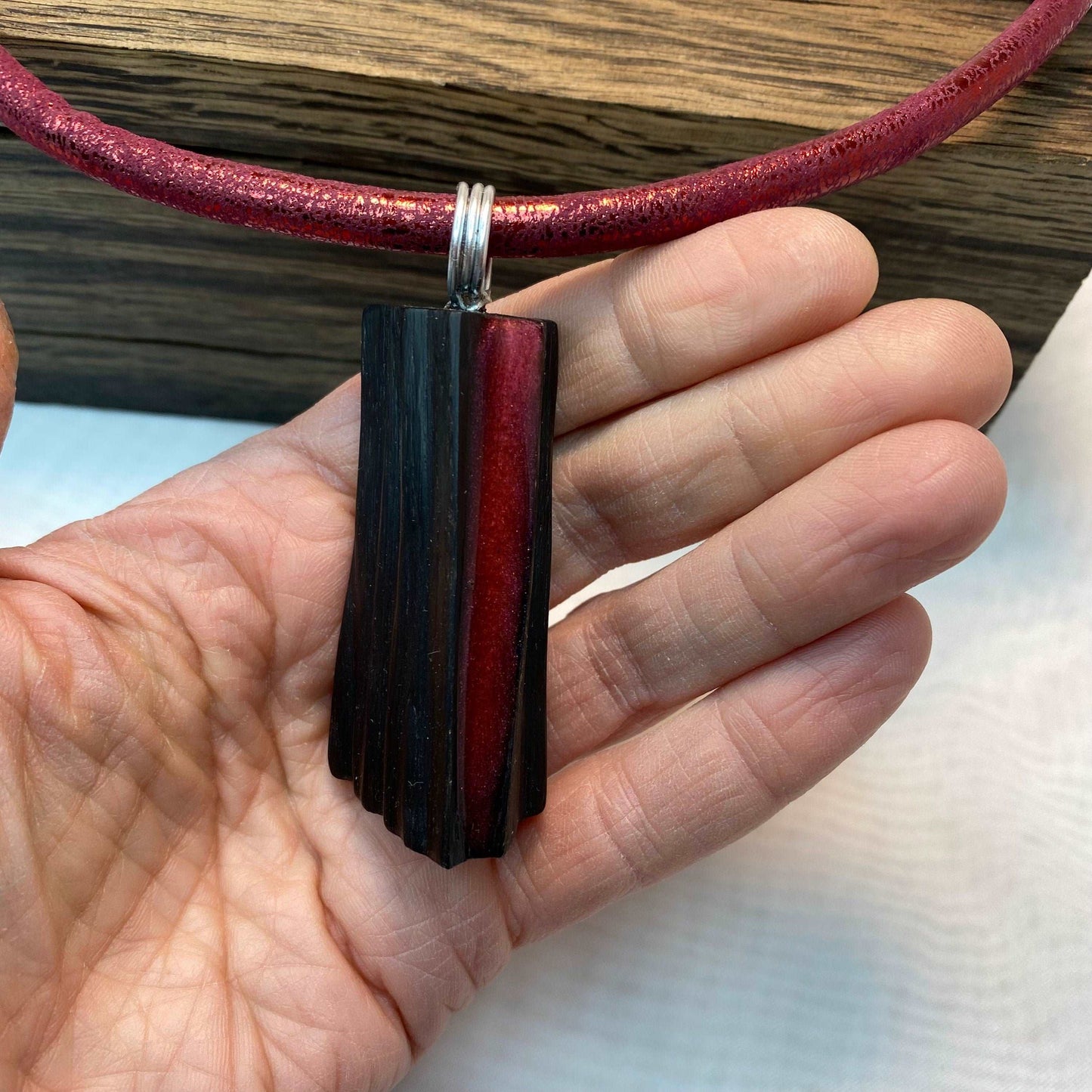 Irish Bog Oak Carved Necklace with Red colour Resin Gift - Handmade
