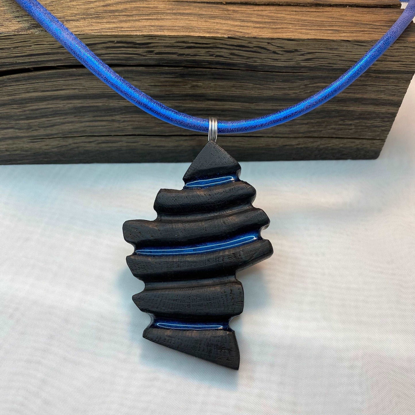 Irish Bog Oak Carved Necklace with Blue colour Resin Gift - Handmade
