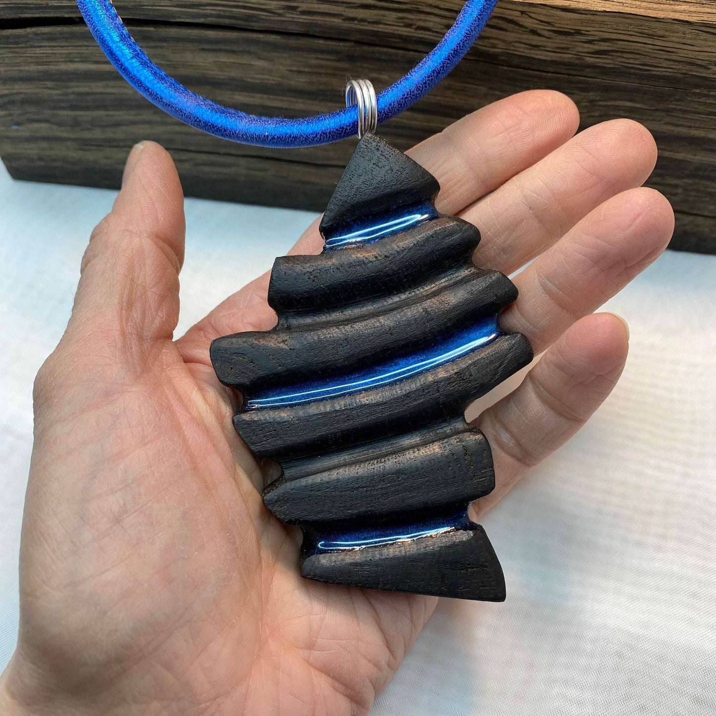 Irish Bog Oak Carved Necklace with Blue colour Resin Gift - Handmade