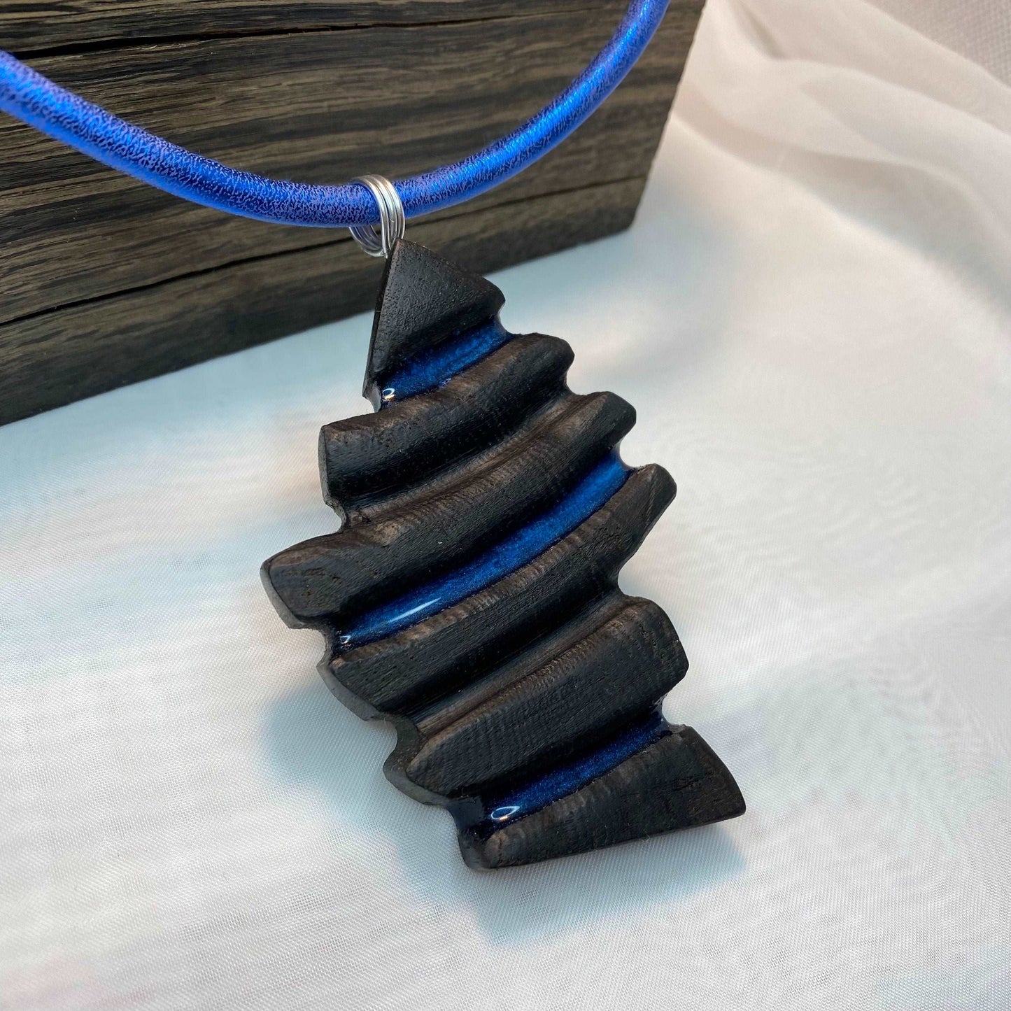 Irish Bog Oak Carved Necklace with Blue colour Resin Gift - Handmade