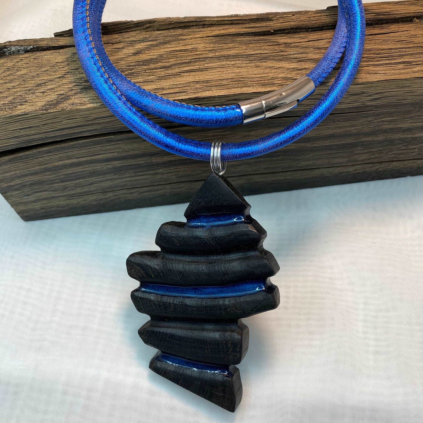 Irish Bog Oak Carved Necklace with Blue colour Resin Gift - Handmade