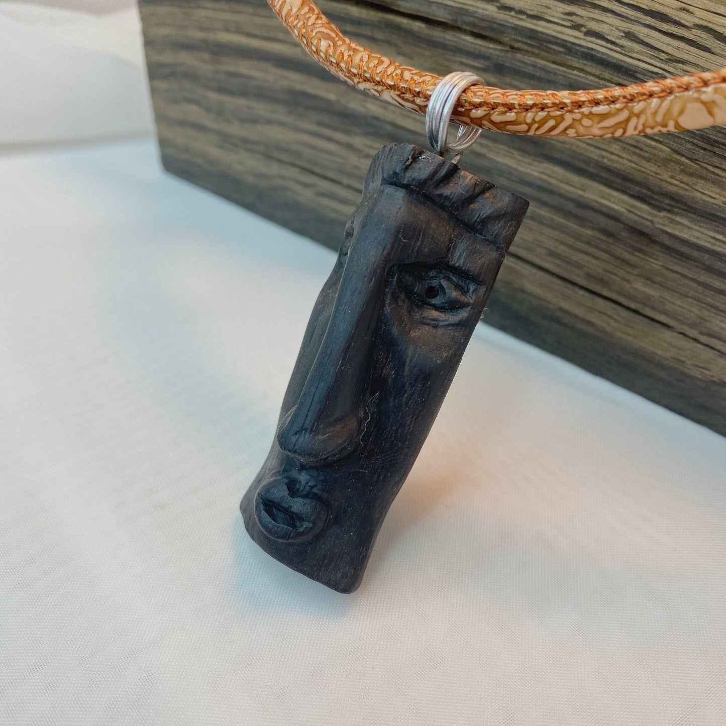 Irish Bog Oak Carved Face (B) Necklace Gift - Handmade