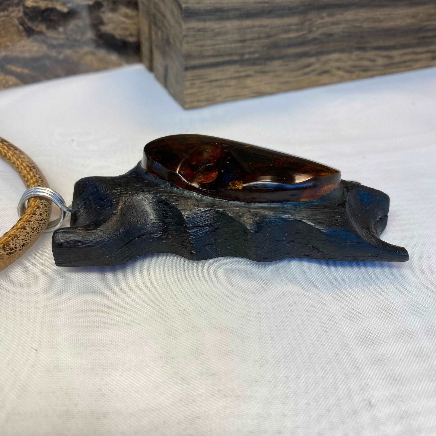 Irish Bog Oak Carved Pendant with Amber Stone - Handmade