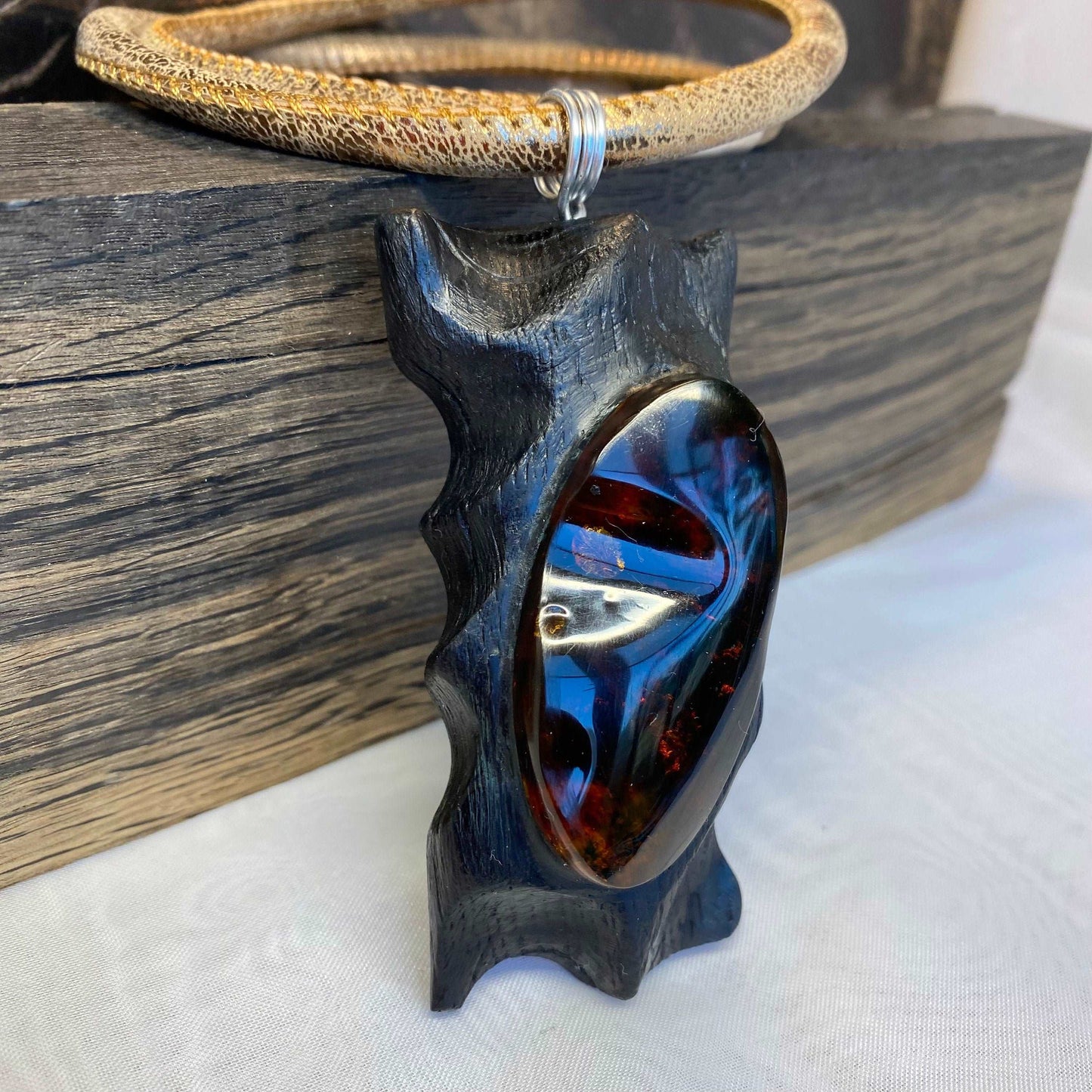 Irish Bog Oak Carved Pendant with Amber Stone - Handmade