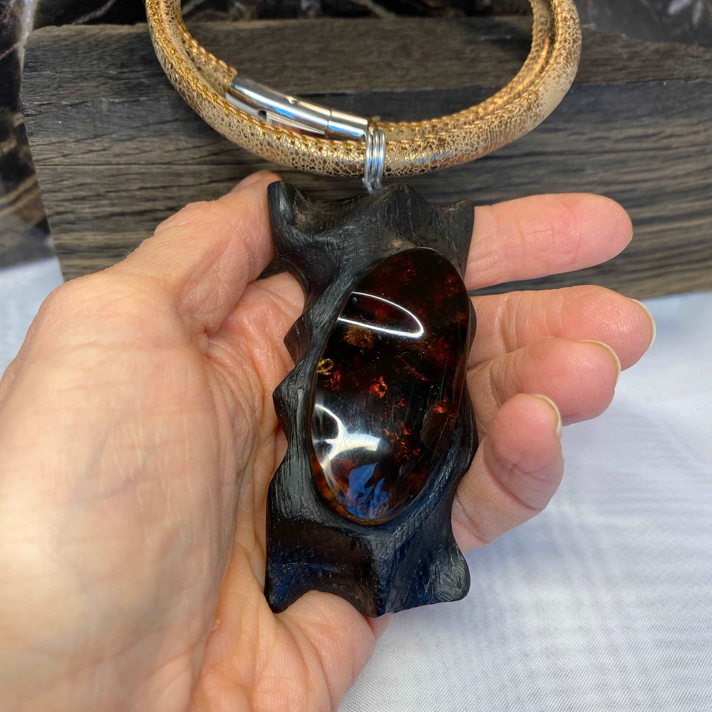 Irish Bog Oak Carved Pendant with Amber Stone - Handmade