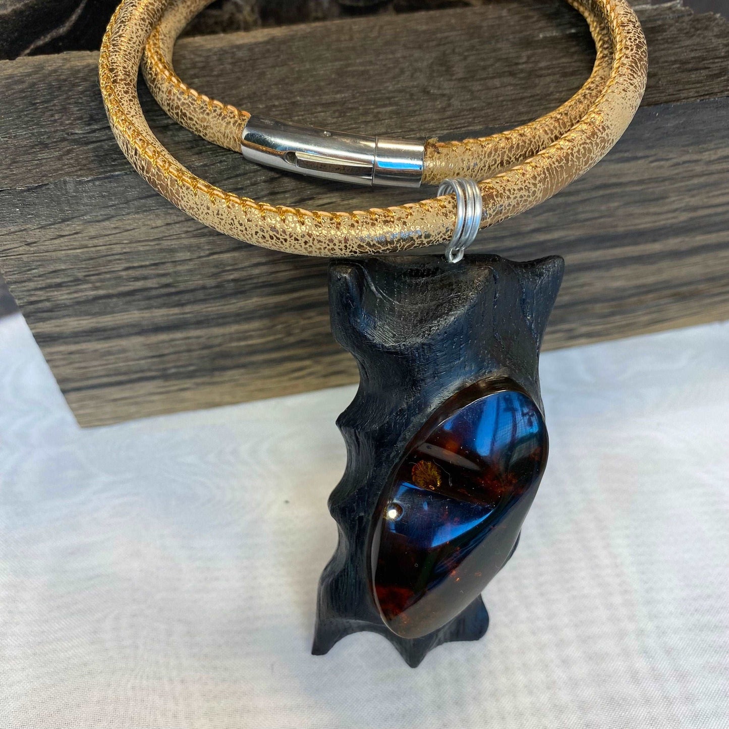 Irish Bog Oak Carved Pendant with Amber Stone - Handmade