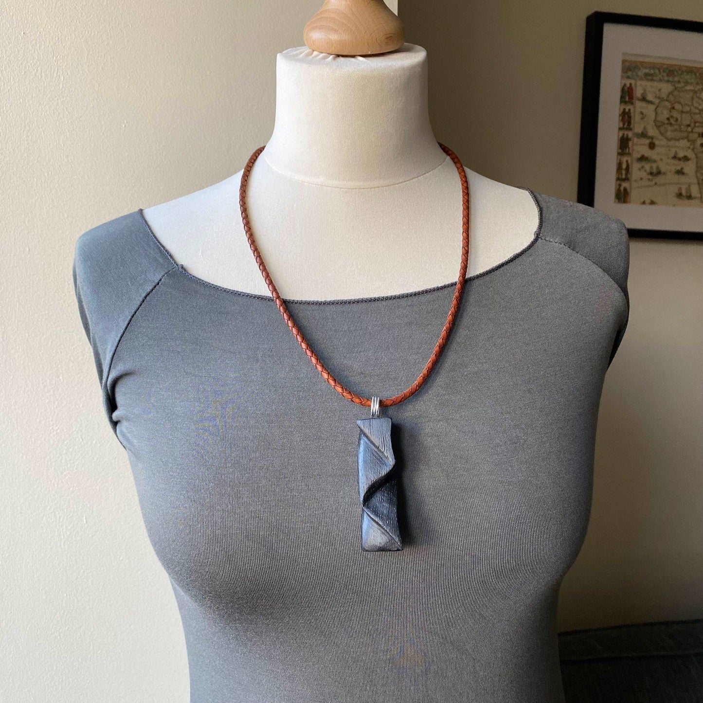 Irish Bog Oak Carved Pendant - Handmade