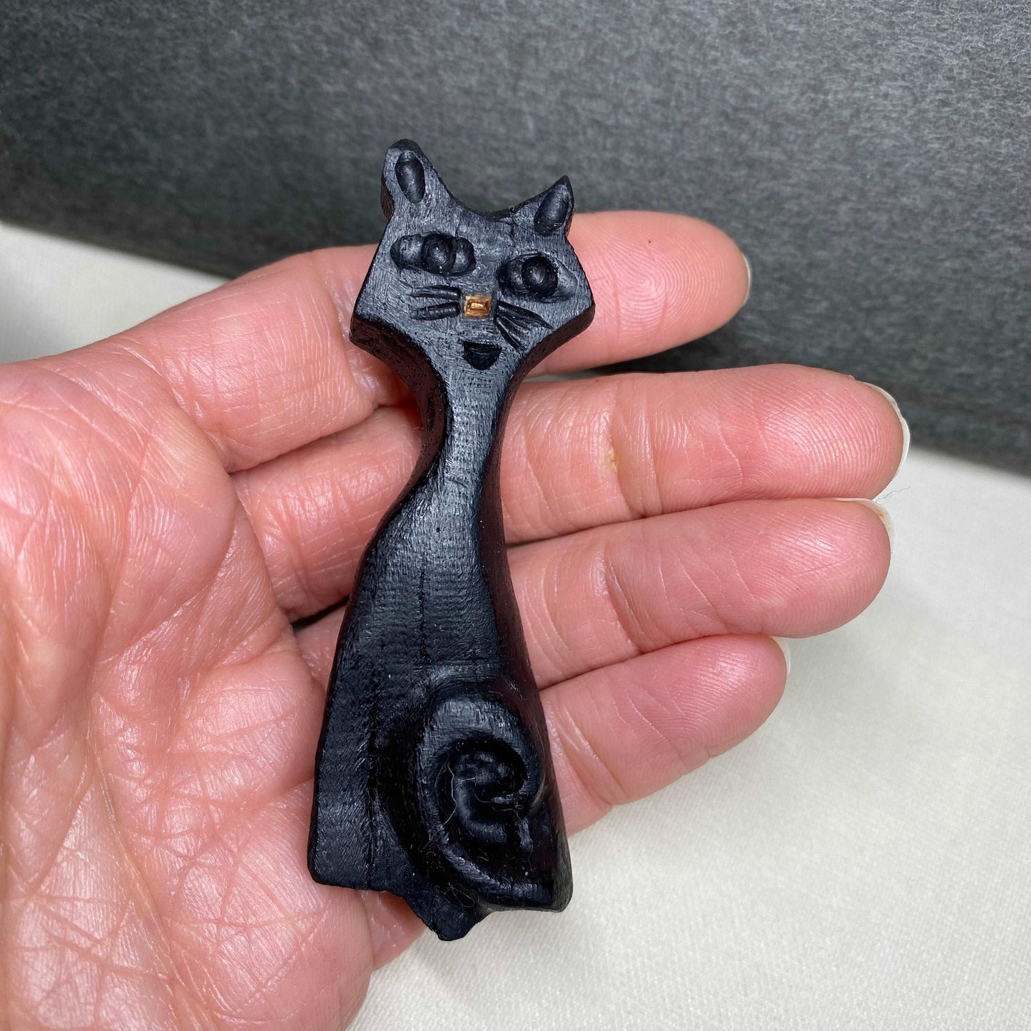 Irish Bog Oak Carved Cat Brooch | Handmade