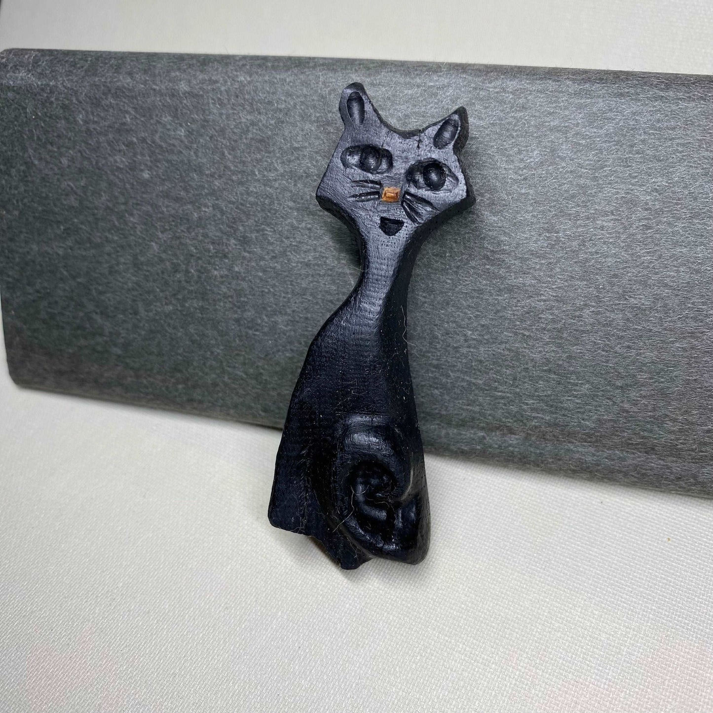 Irish Bog Oak Carved Cat Brooch | Handmade