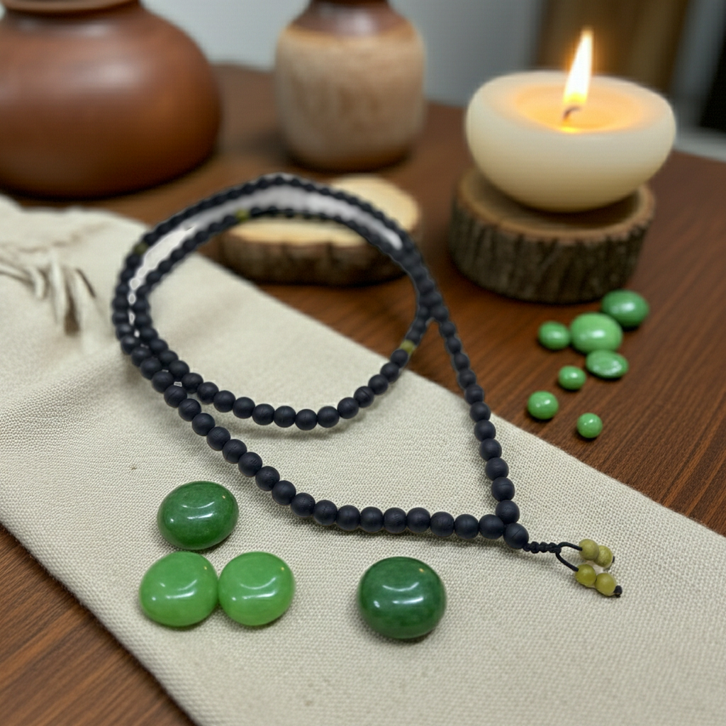 Bog Oak & Jade Mala Necklace