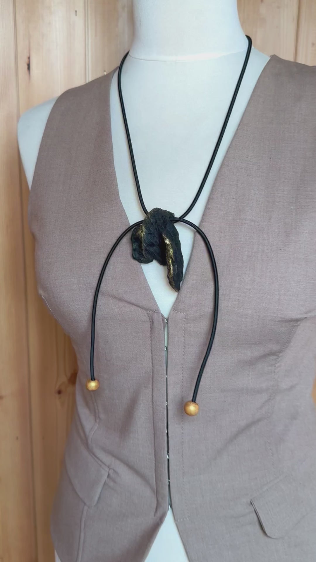 Eco-friendly rustic wood jewelry with adjustable cord and gold accents