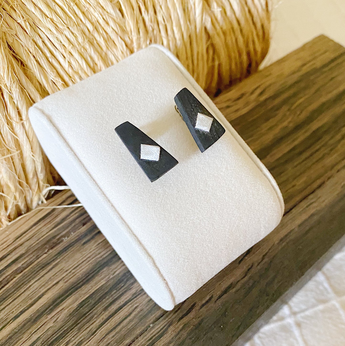 Irish Bog Oak Trapezoid Stud Earrings with Wire Detail | Handmade Earrings