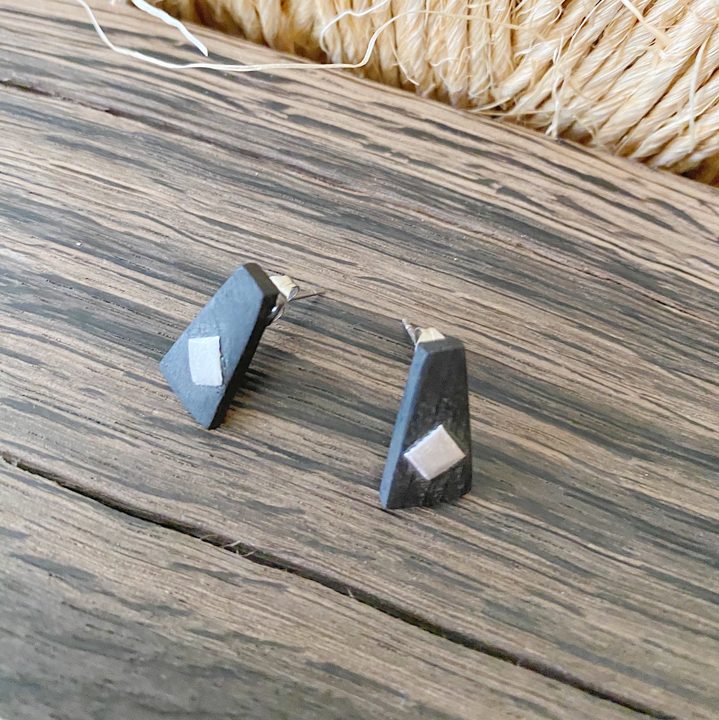 Irish Bog Oak Trapezoid Stud Earrings with Wire Detail | Handmade Earrings