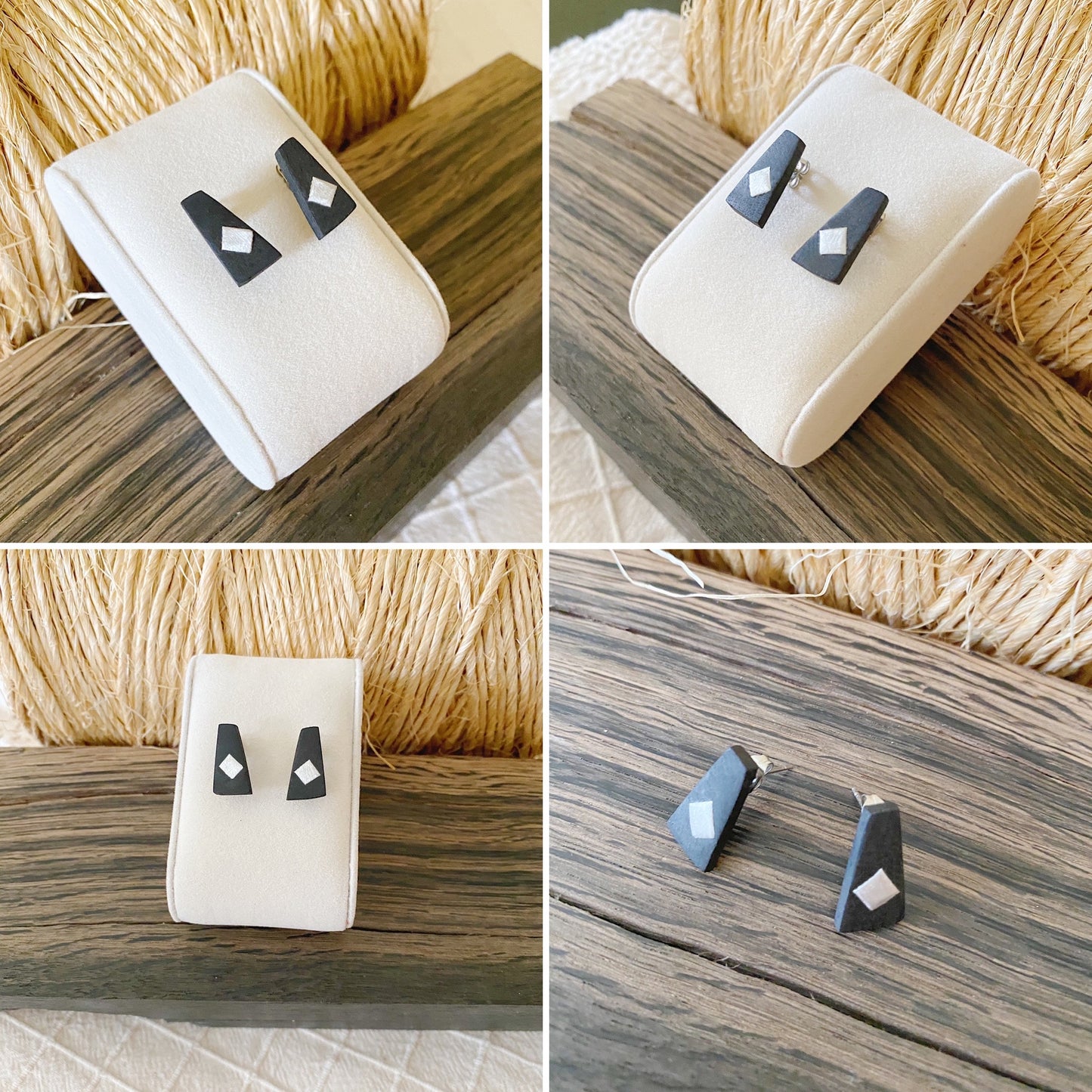 Irish Bog Oak Trapezoid Stud Earrings with Wire Detail | Handmade Earrings