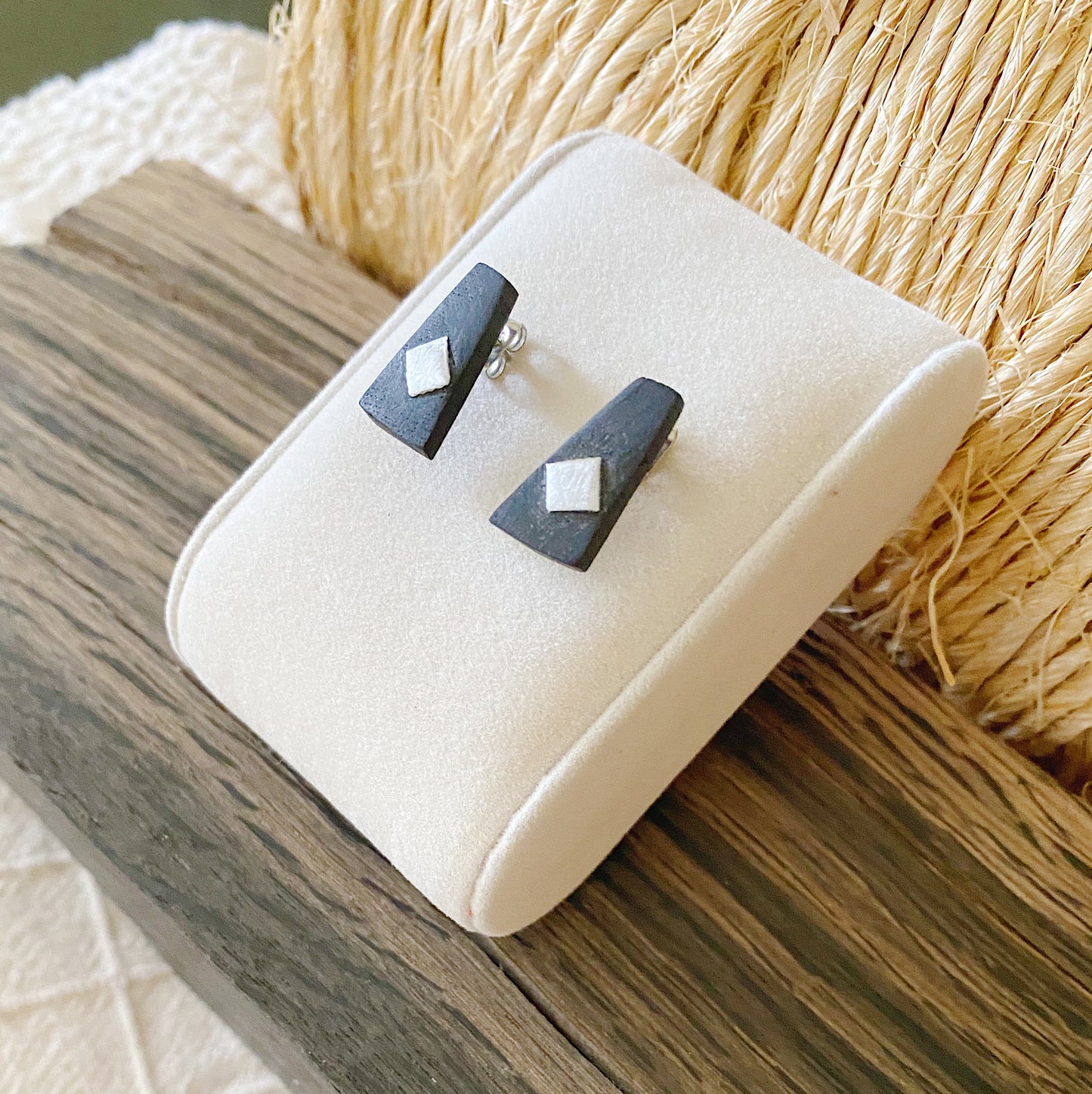 Irish Bog Oak Trapezoid Stud Earrings with Wire Detail | Handmade Earrings