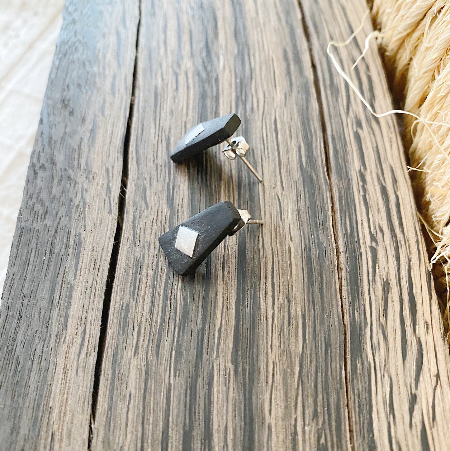 Irish Bog Oak Trapezoid Stud Earrings with Wire Detail | Handmade Earrings