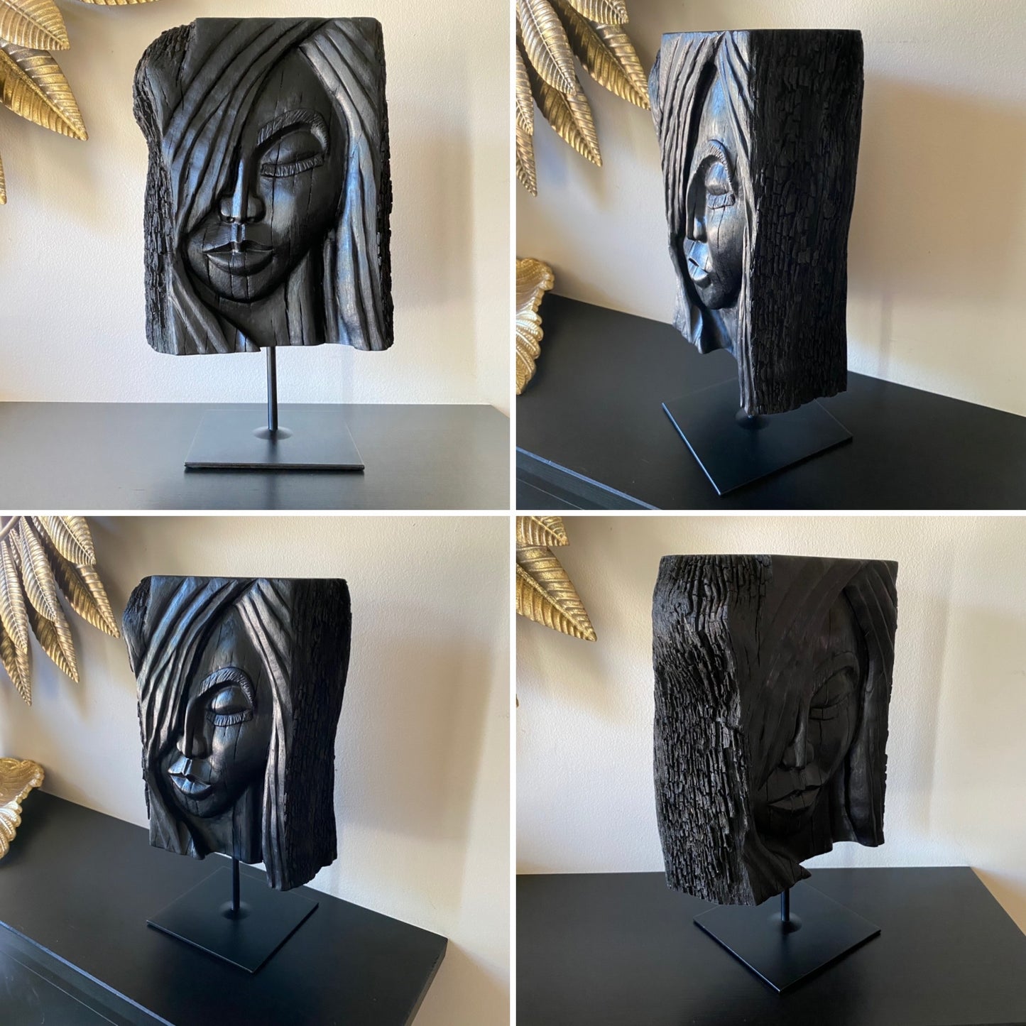 rish Bog Oak Hand Carved Woman Sculpture on a Black Metal Stand.