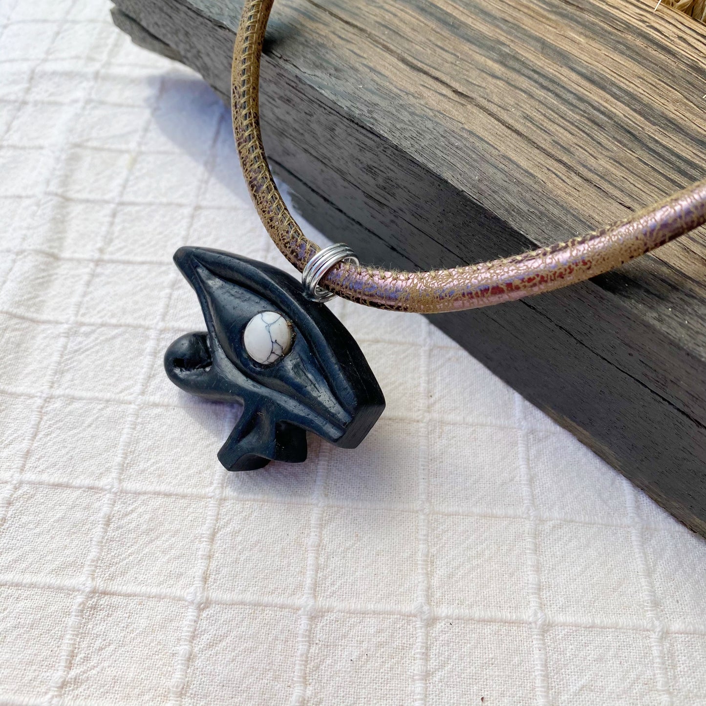Irish Bog Oak Eye of Horus Carved Pendant with Howlite Gemstone - Handmade