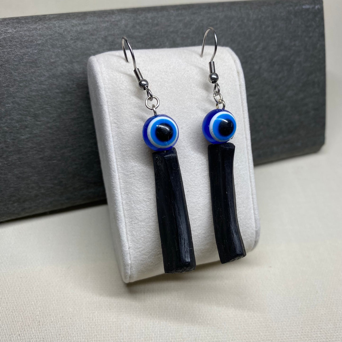 Irish Bog Oak Raw Dangle Earrings with Evil Eye Resin Beads | Handmade Earrings