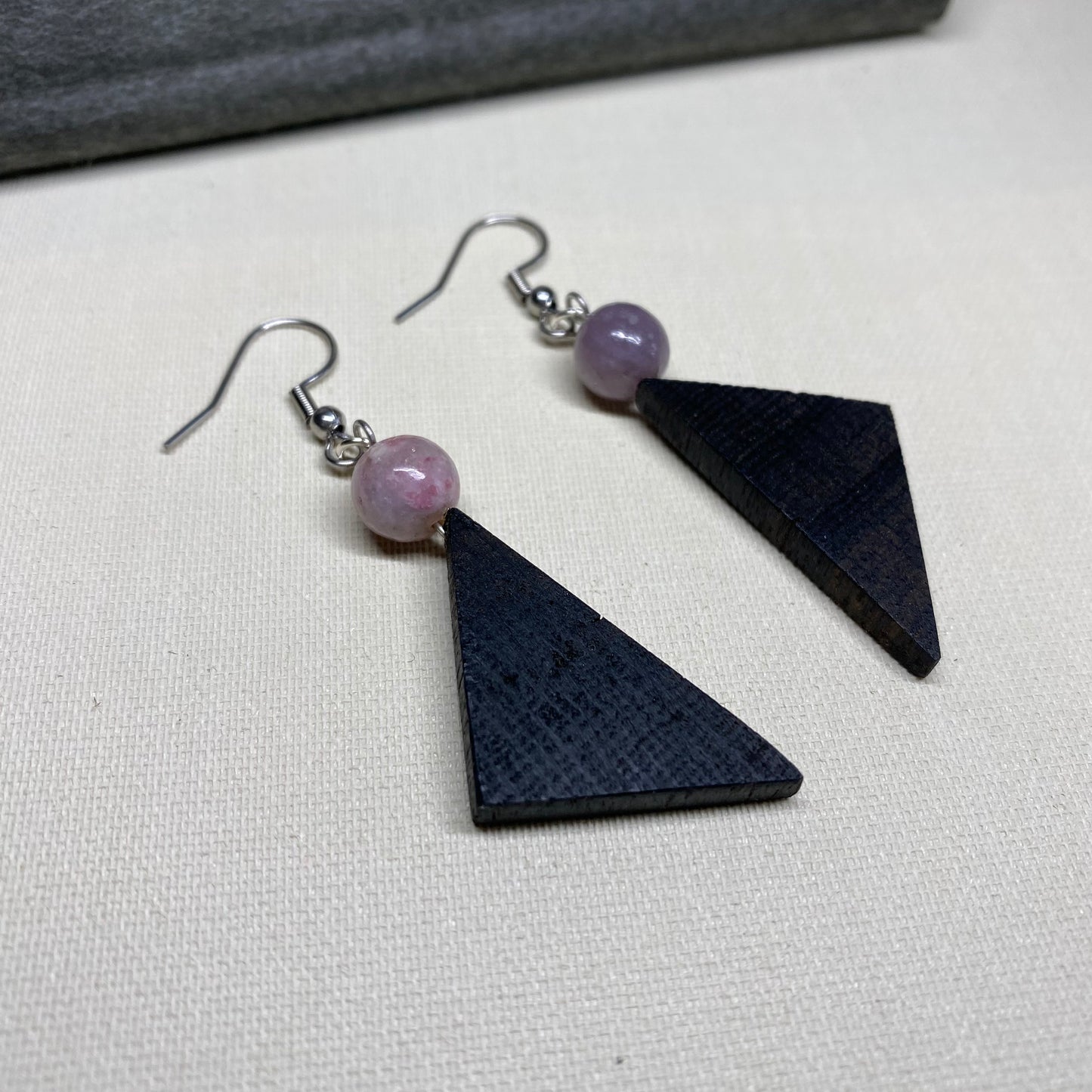 Irish Bog Oak Dangle Earrings with Natural Pink Tourmaline Beads | Handmade Earrings