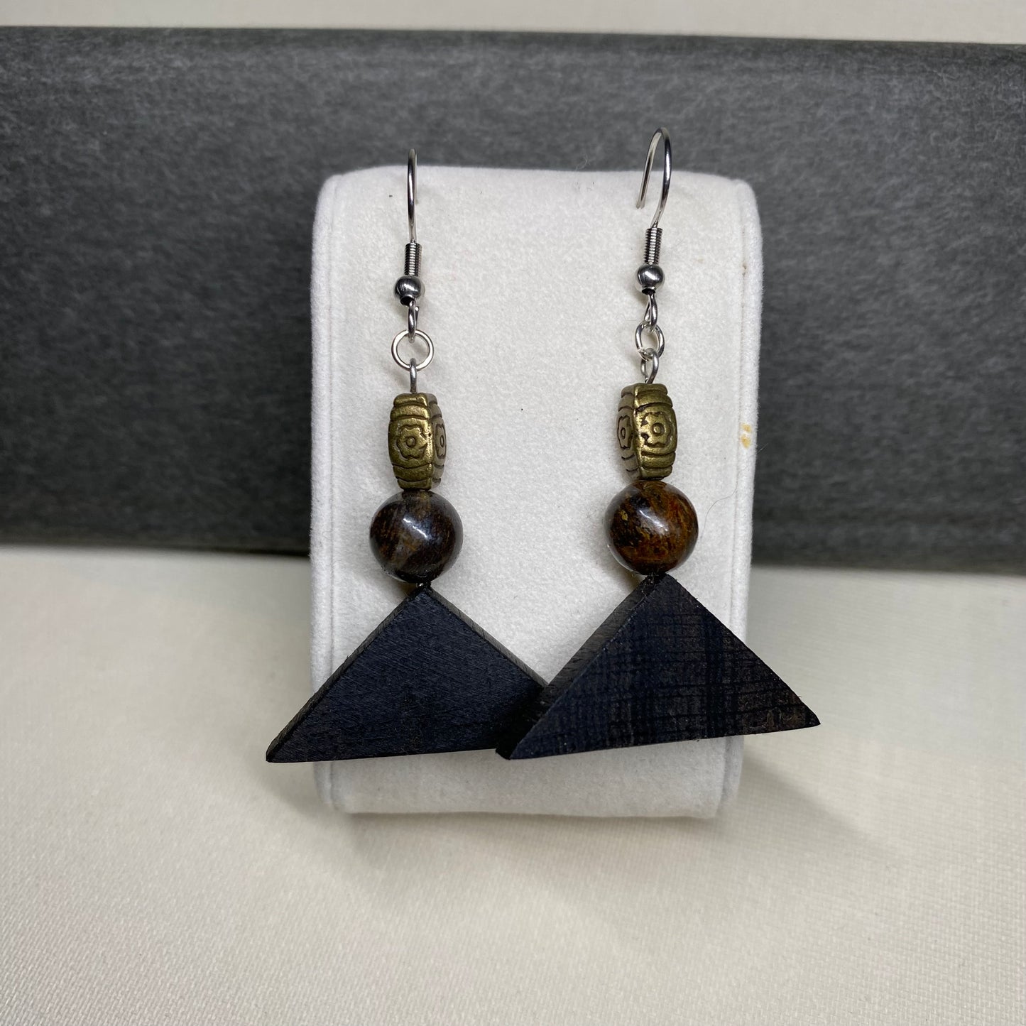 Irish Bog Oak Dangle Earrings with Natural Bronzite and Metal Beads | Handmade Earrings
