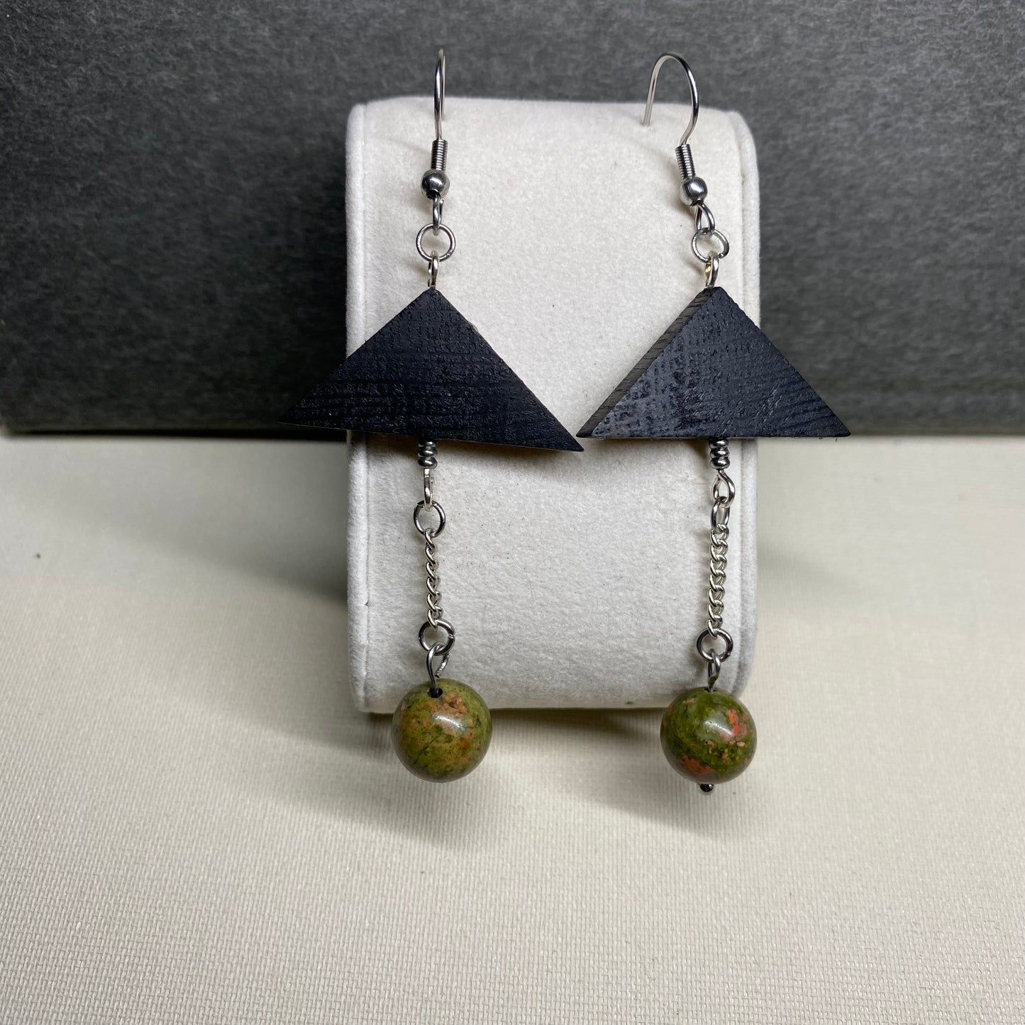 Irish Bog Oak Dangle Earrings with Natural Unakite Beads | Handmade Earrings