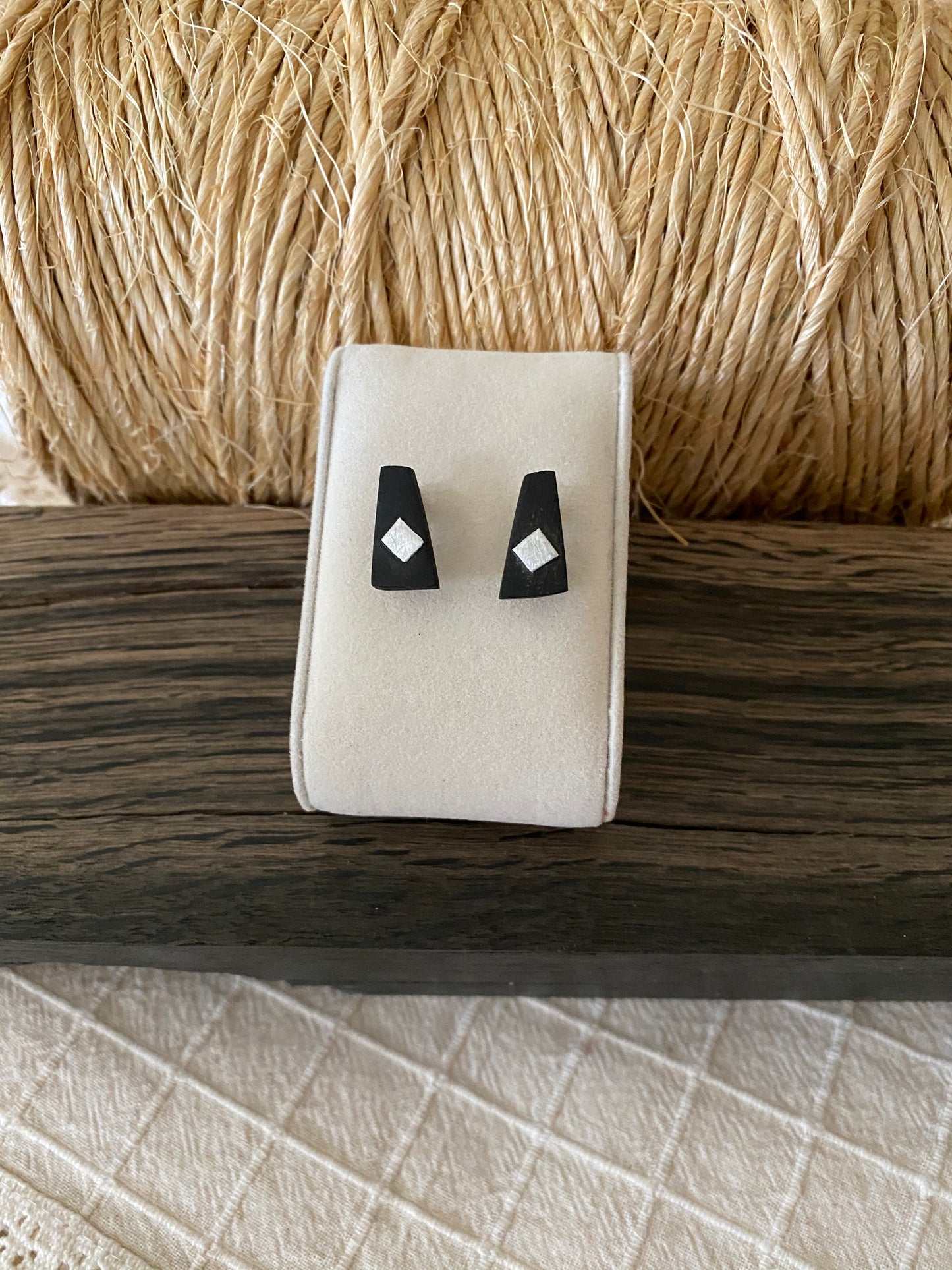 Irish Bog Oak Trapezoid Stud Earrings with Wire Detail | Handmade Earrings