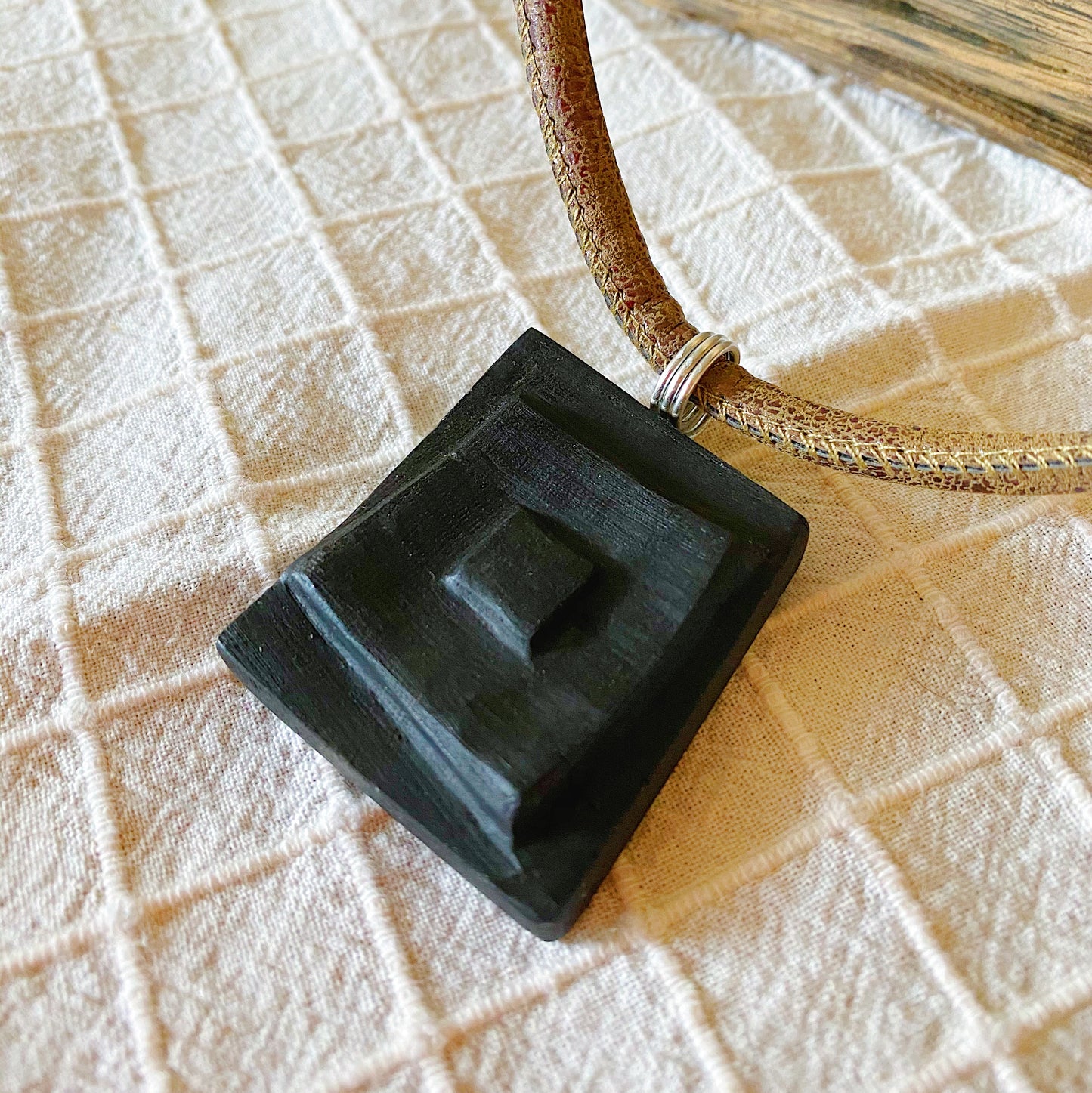 Irish Bog Oak Carved Rectangle Pendant - Handmade