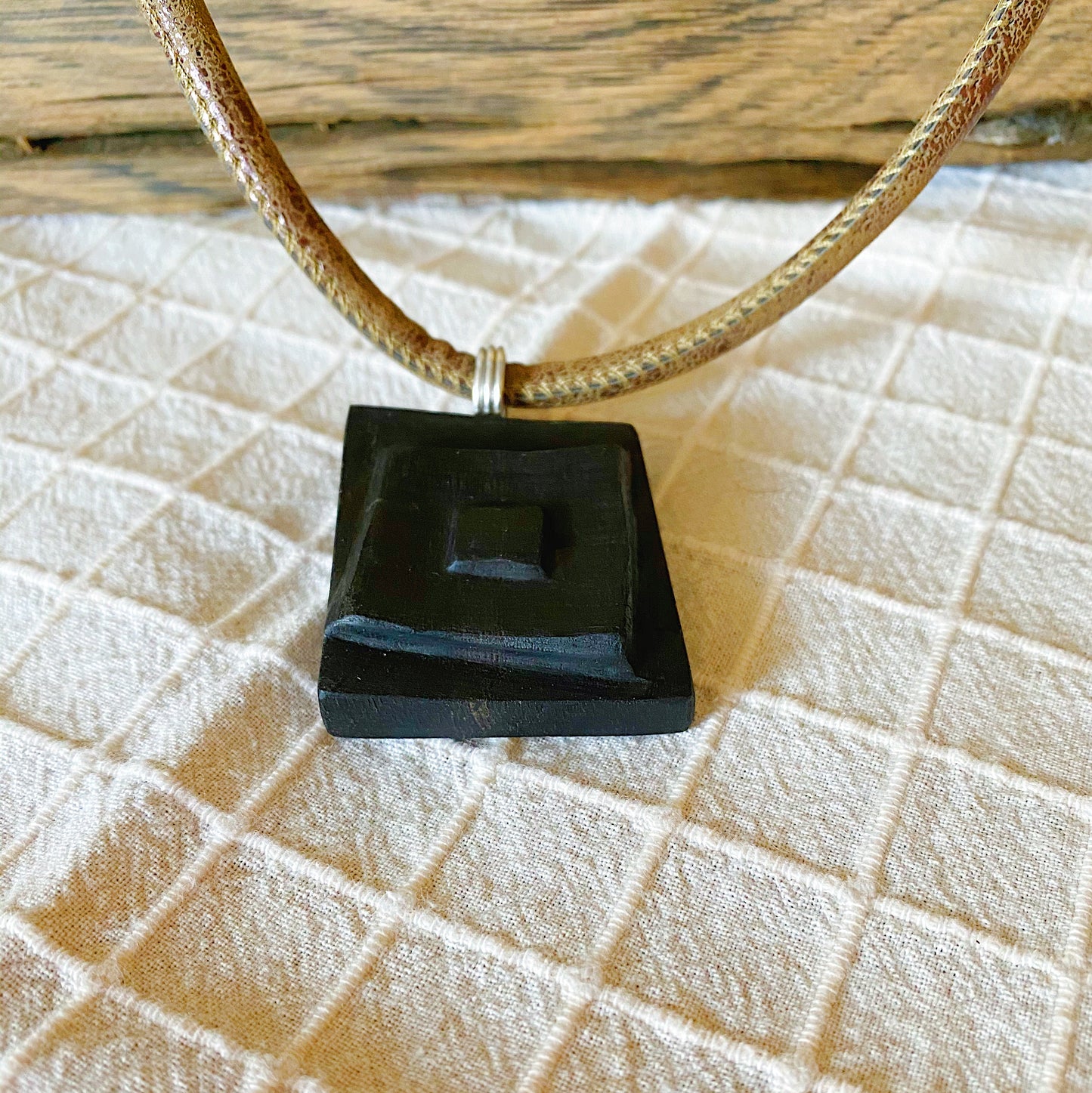 Irish Bog Oak Carved Rectangle Pendant - Handmade