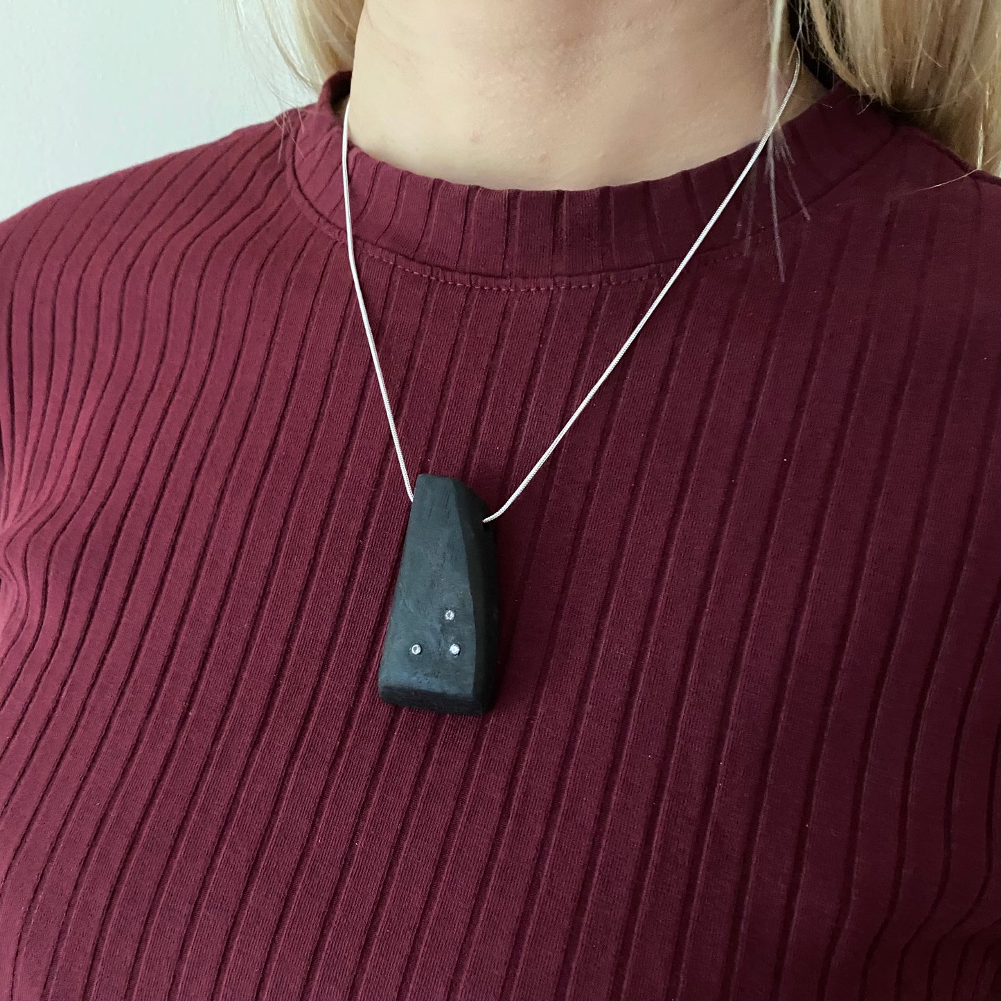 Irish Bog Oak Carved Pendant with Cubic Zirconia Inset on Silver Plated Chain - Handmade