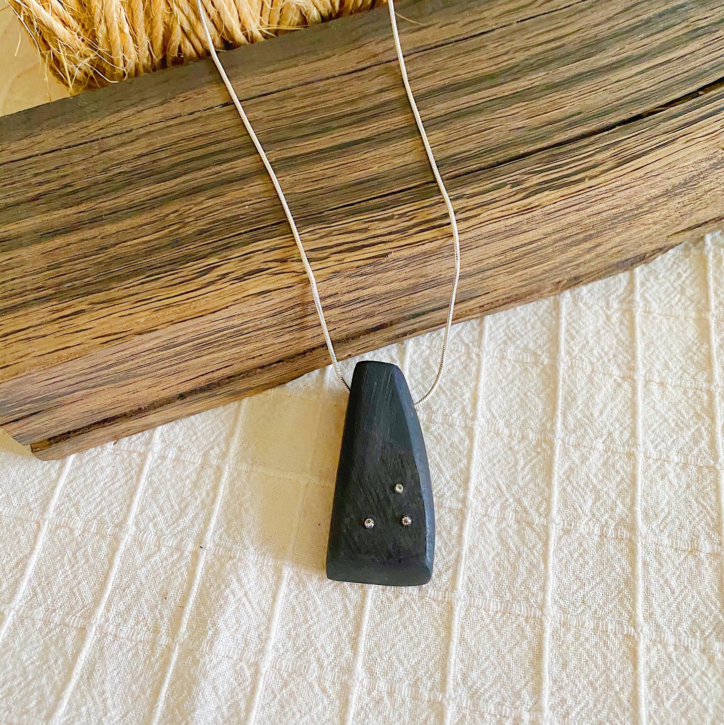 Irish Bog Oak Carved Pendant with Cubic Zirconia Inset on Silver Plated Chain - Handmade