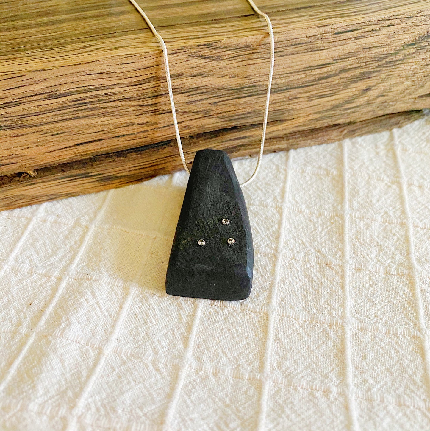 Irish Bog Oak Carved Pendant with Cubic Zirconia Inset on Silver Plated Chain - Handmade