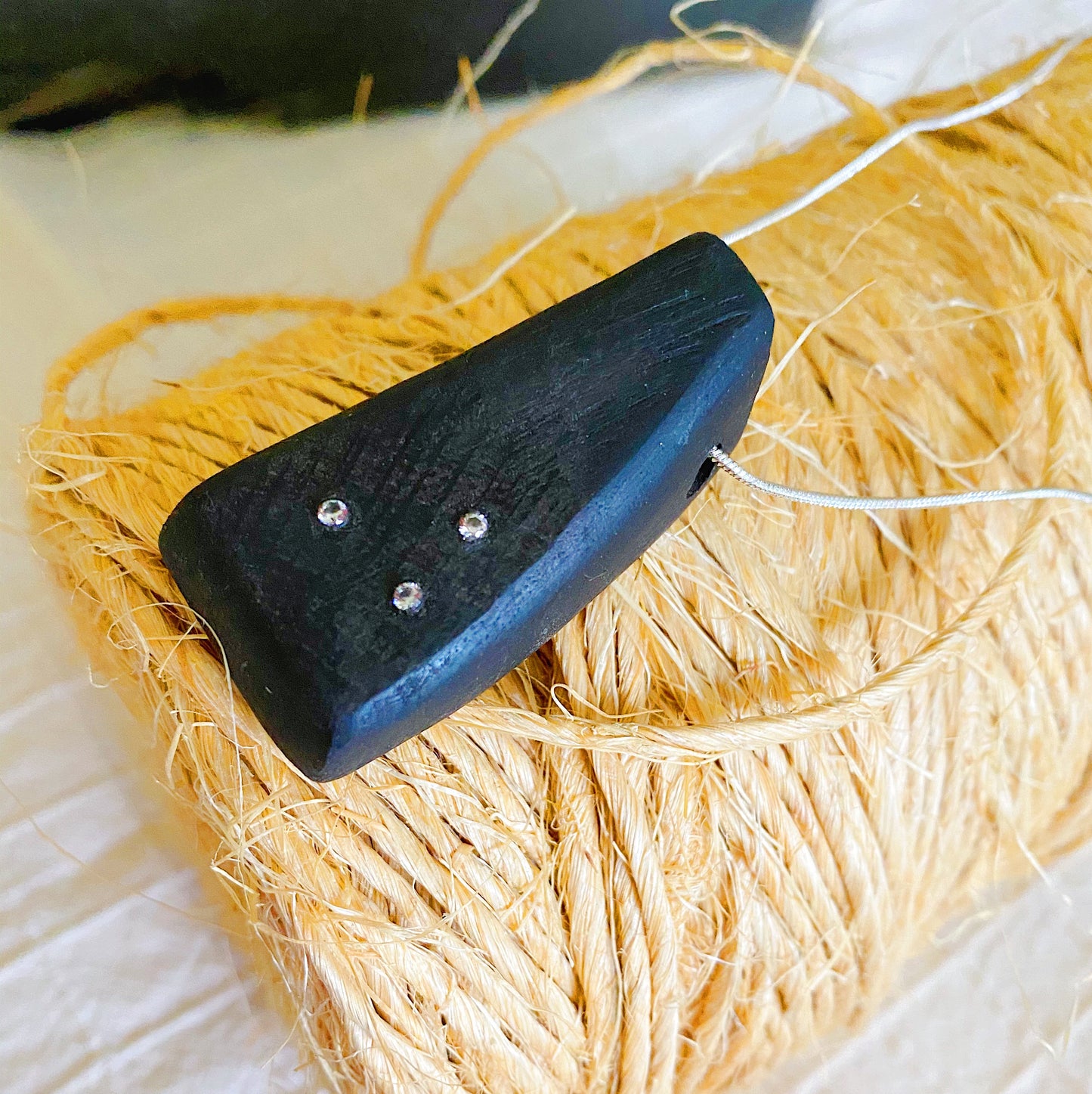 Irish Bog Oak Carved Pendant with Cubic Zirconia Inset on Silver Plated Chain - Handmade