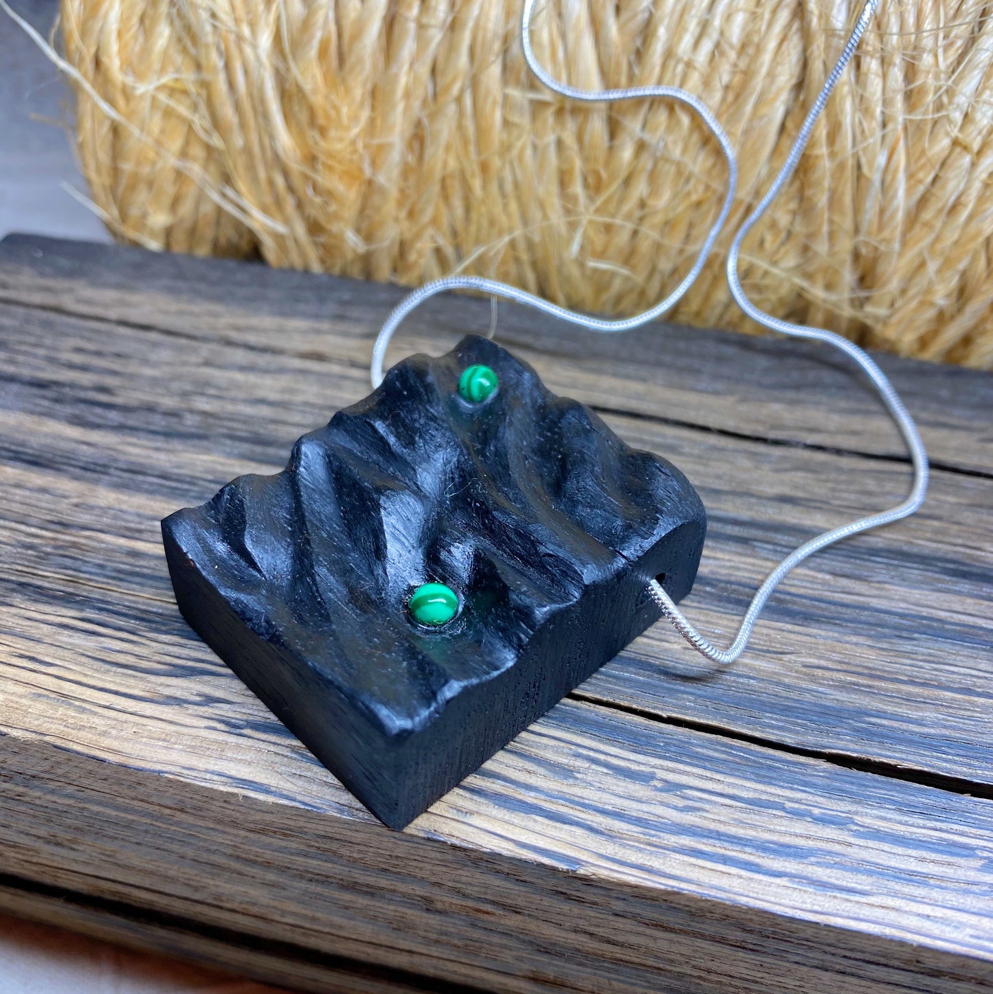 Irish Bog Oak Textured Rectangle Pendant with Green Bead Insets | Handmade