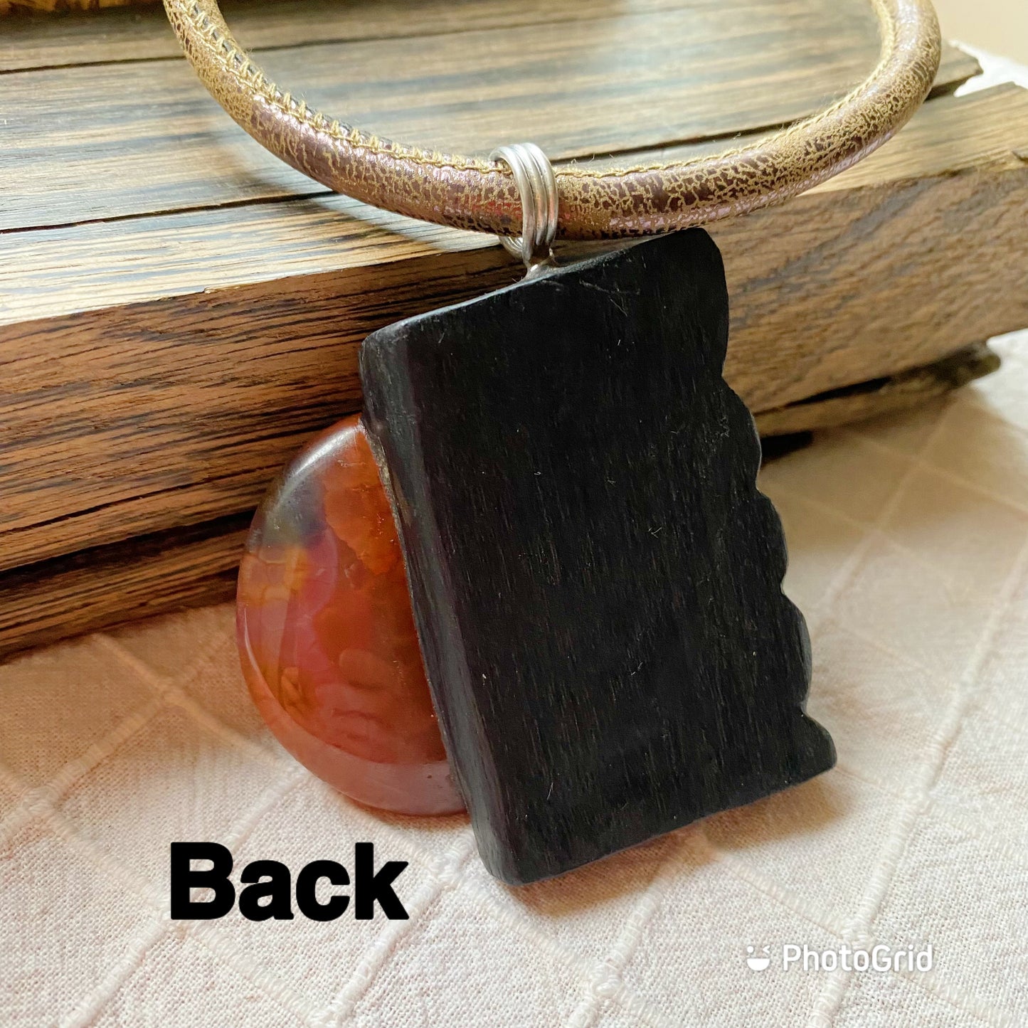 Irish Bog Oak Carved Pendant with Carnelian Stone - Handmade