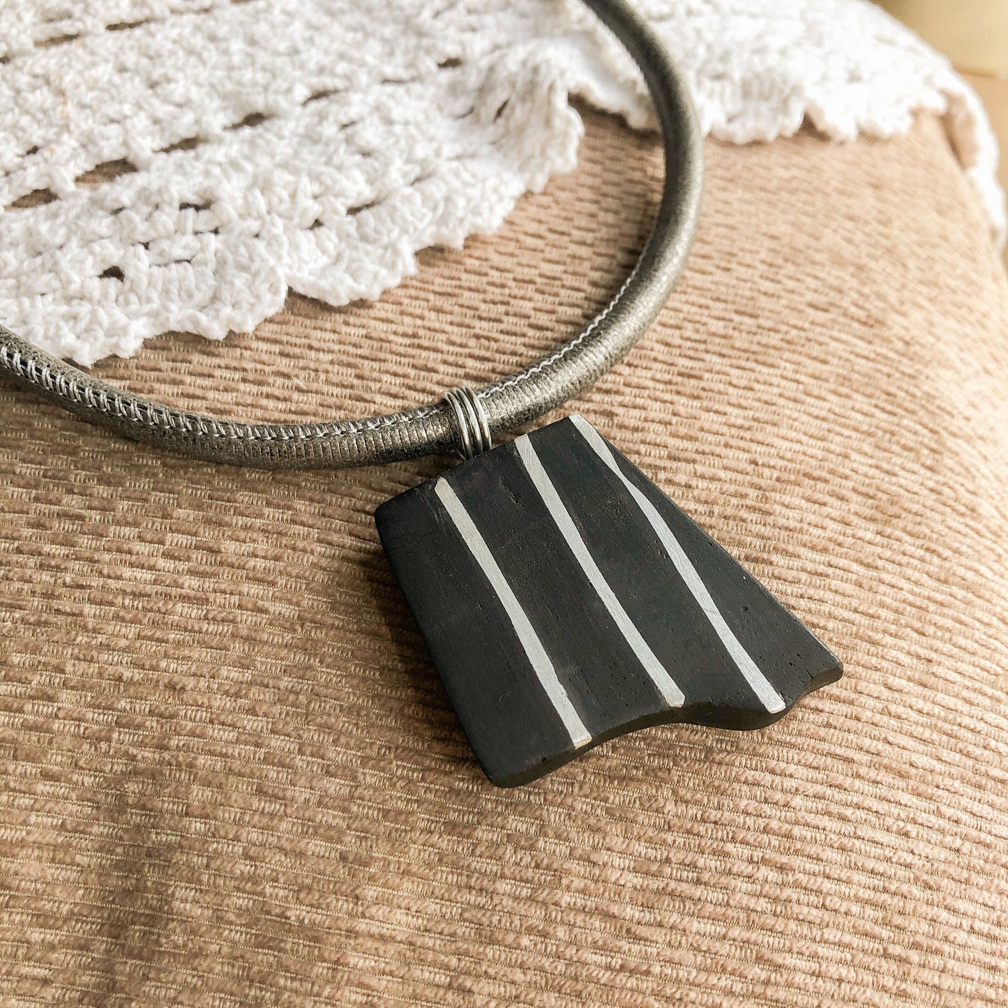 Irish Bog Oak Carved Pendant With Inset Wire Detail - Handmade