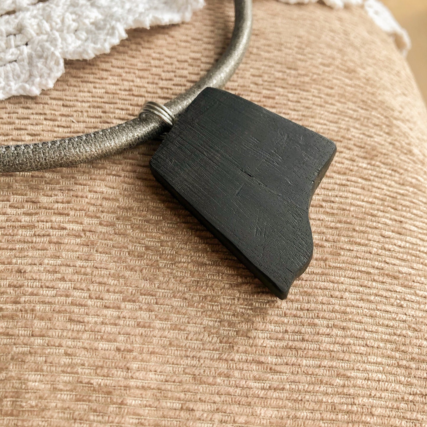 Irish Bog Oak Carved Pendant With Inset Wire Detail - Handmade